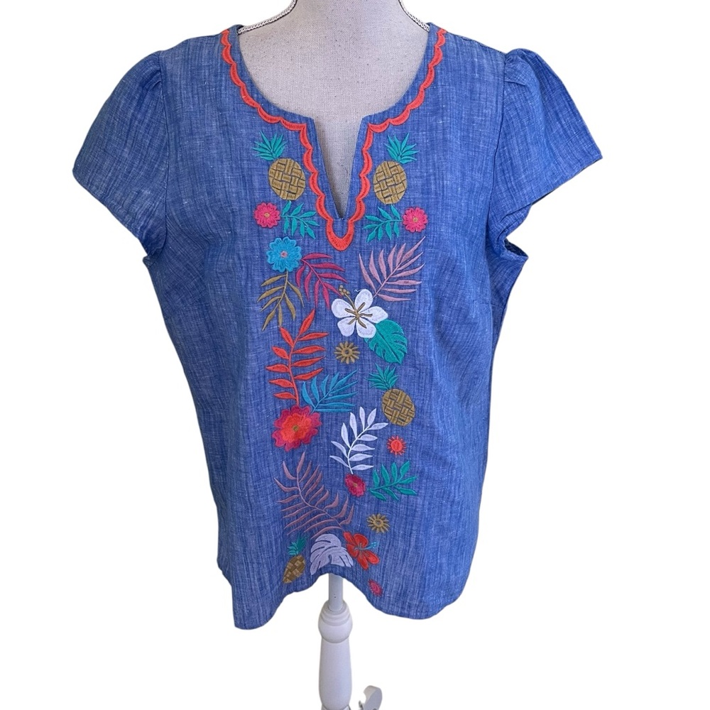 Talbots Blue Chambray Linen/Cotton Split Neck Tro… - image 3